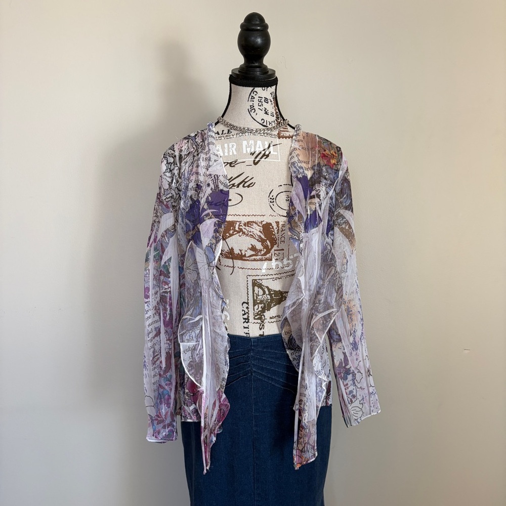Y2K purple whimsigoth fairy sheer long sleeve blouse with ruffled hem